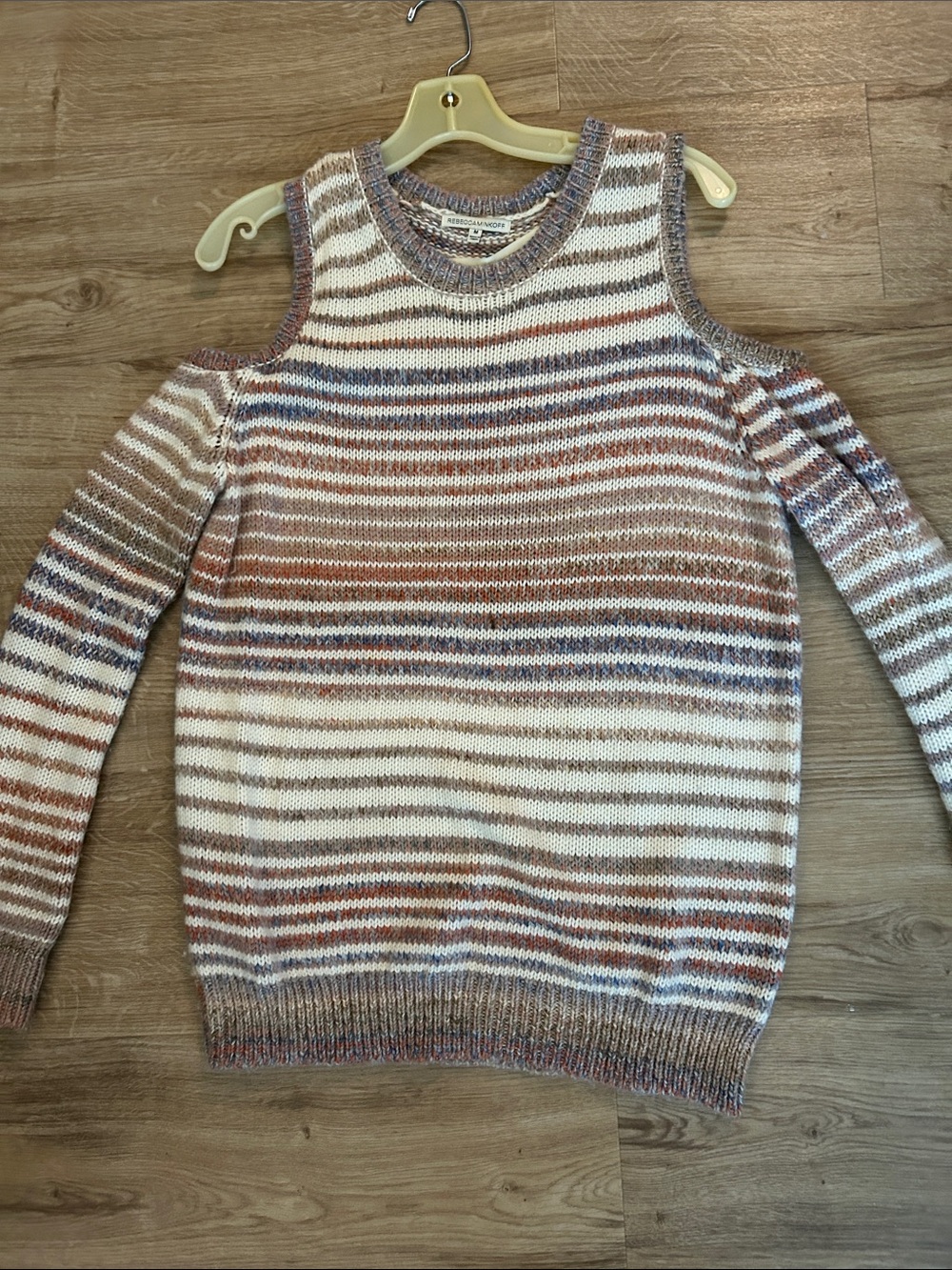Rebecca Minkoff Striped Off-Shoulder Sweater in Cream, Rust and Blue